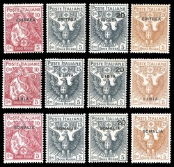 1915 - Croce Rossa, serie completa, le emissioni delle tre Colonie, ...