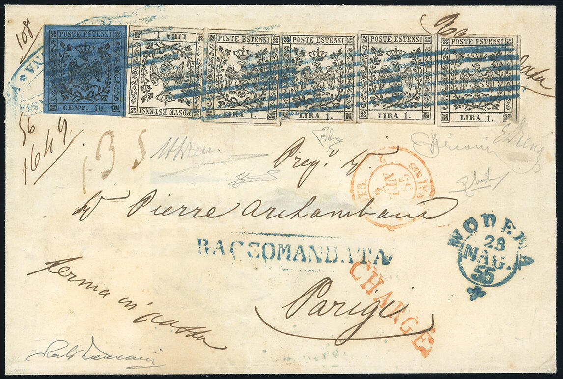 1855 - 1 lira bianco, cinque esemplari, 40 cent. azzurro scuro (11, ...