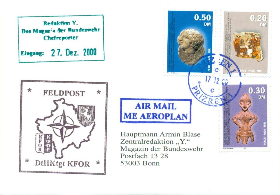  Kosovo. 2000 to 2003 three covers and a postcard from various KFOR ...