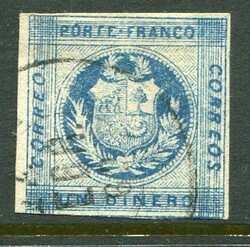 PeruPeru: 1860-61 coat of arms 1d blue used with zigzag lines broken ...