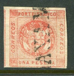 PeruPeru: 1860-61 coat of arms 1p. brick red struck by straight line ...