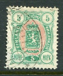 FinlandFinland: 1890 (5 June). Coat of arms 5m. green and rose perf. ...