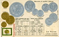 Postcards Iran: Embossed Persian Coins and currency exchange chart. ...