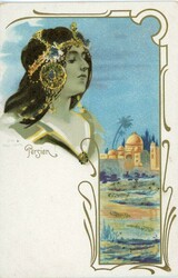 Postcards Iran: Unused glitter Art Nouveau postcard of Persian Woman. ...