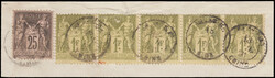1891 French P.O. A small piece franked with French stamps 1f (TypeII) ...