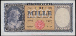ITALY 1000 Lire Banknote 1947 uncirculated but with a small tear on ...