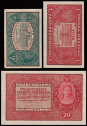 POLAND 1919 Banknotes ½ mark, 1 mark and 20 marks of State Loan Bank ...