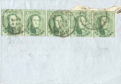 N°13B(5) - Médaillons 1 centimes vert clairs, dt. 14½, en bande de ...