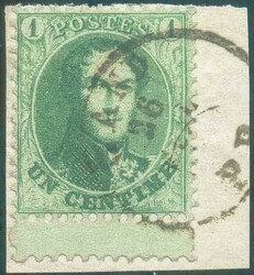 N°13A - Médaillon 1 centime vert-jaune avec bord de feuille ...