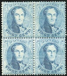 N°15B(4) - Médaillons 20 centimes bleus en bloc de 4, dent. 14½, 3 ...