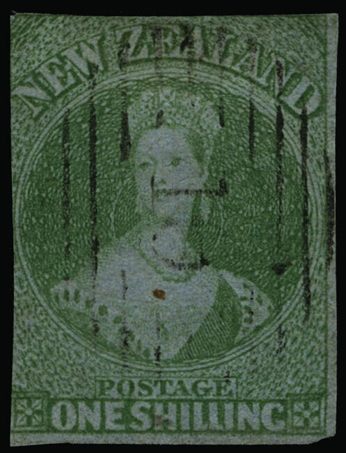 6 (6) 1857 1' green Q Victoria on blue paper, unwmkd, Auckland ...