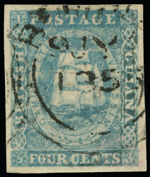 10b (20) 1855 4¢ pale blue Seal of the Colony, white line above ...