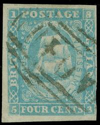 12 (21) 1860 4¢ blue Seal of the Colony, figures in corners framed, ...