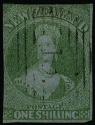 6 (6) 1857 1' green Q Victoria on blue paper, unwmkd, Auckland ...