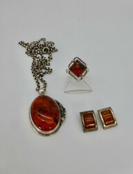 4 Teile Bernsteinschmuck, Silber 925, Anhänger an Erbskette, Paar ...