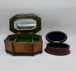 2 Holzschatullen um 1900, eine mit Intarsie und innen Spiegel (27cm x ...