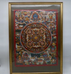 Tibet, Thangka, mehrfigurige Szene, in der Mitte das Lebensrad ...