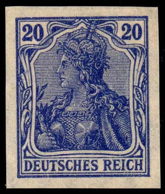 Deutsches Reich 1915, GERMANIA, Kriegsdruck, 20 Pfg. lilaultramarin, ...