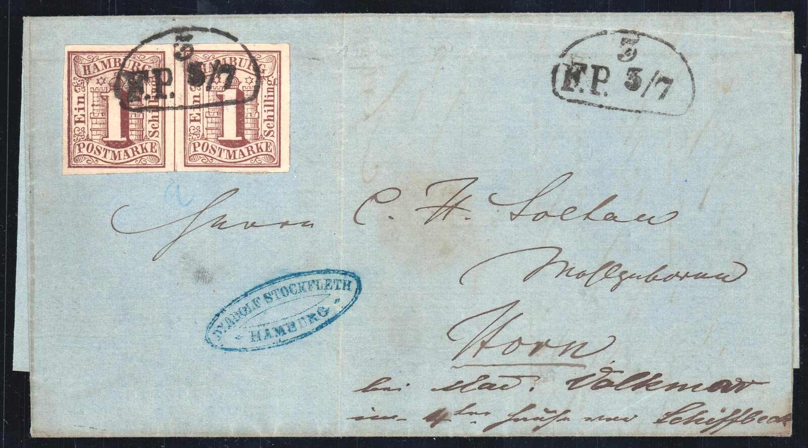 Hamburg 1859, 1 S. rotbraun im breitrandigen waagerechten Paar mit ...