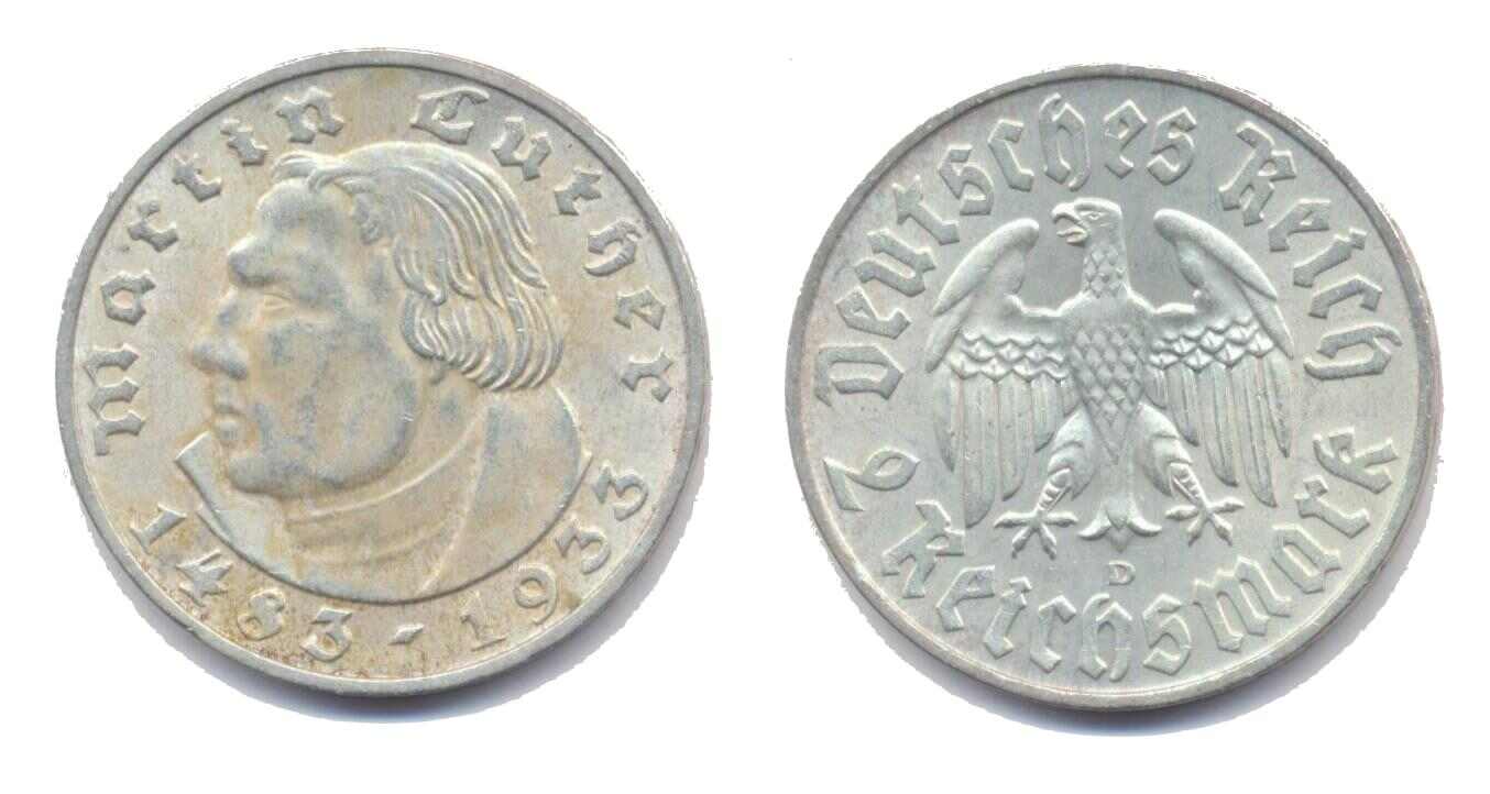 Deutsches Reich 1933 D, 2 Rm.-Martin Luther, Kursmünze, feine ...