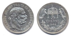 Ungarn 1908, 5 Korona - Franz Josef I., zeitgemäße ...
