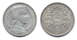 Lettland 1931, 5 Lati - Trachtenmädchen "Milda", 835er-Silber, ...