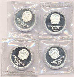 China 1990, 4 x 5 Yuan - Archäologische Funde, 900er-Silber, Gewicht ...