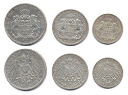 Hamburg 1900-1906 J, 2 Mark (1906 J), 3 Mark (1909 J) und 5 Mark ...