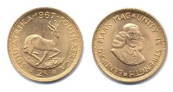 Südafrika 1967, 2 Rand - Springbock, 916 2/3er-Gold, Gewicht 7,98 ...