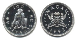 Macau 1992, 100 Patacas - Affe, 925er-Silber, Gewicht 28,28 Gramm, ...