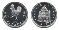 Macau 1992, 100 Patacas - Hahn, 925er-Silber, Gewicht 28,28 Gramm, ...