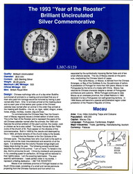 Macau 1992, 100 Patacas - Hahn, 925er-Silber, Gewicht 28,28 Gramm, ...