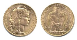 Frankreich 1908, 20 Francs - Gallischer Hahn, 900er-Gold, Gewicht 6 ...