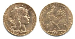 Frankreich 1913, 20 Francs - Gallischer Hahn, 900er-Gold, Gewicht 6 ...