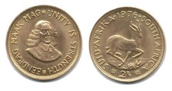 Südafrika 1976, 2 Rand - Springbock, 916 2/3er-Gold, Gewicht 7,98 ...