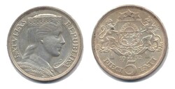 Lettland 1932, 5 Lati - Trachtenmädchen "Milda", 835er-Silber, ...
