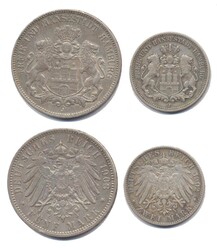 Hamburg 1902 + 1908 J, 2 Mark (1902) + 5 Mark (1908) - Stadtwappen, ...