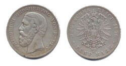 Baden 1876 G, 5 Mark - Friedrich, A in Baden mit Querstrich, Kratzer ...