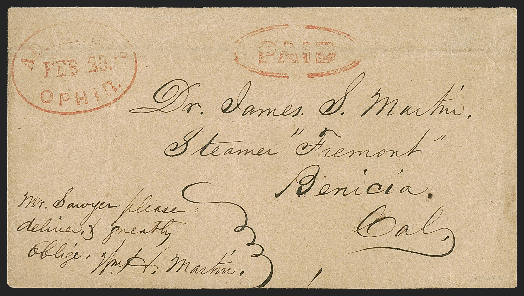 Adams & Co. Ophir Feb 25. Red oval datestamp (Thomas ADA-101) with ...