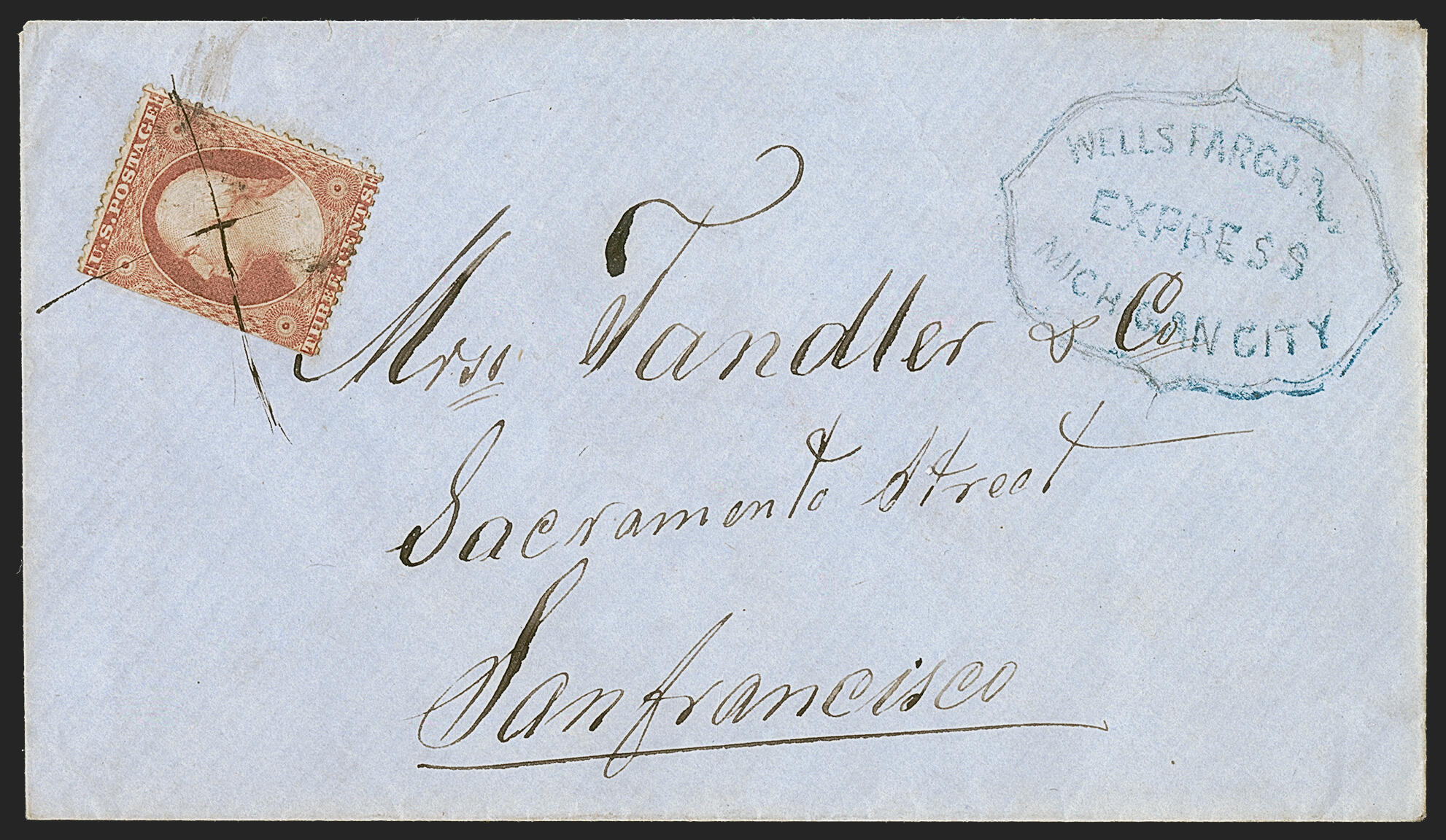 3c Dull Red, Ty. III (26). Tied by manuscript "X" cancel, weak strike ...