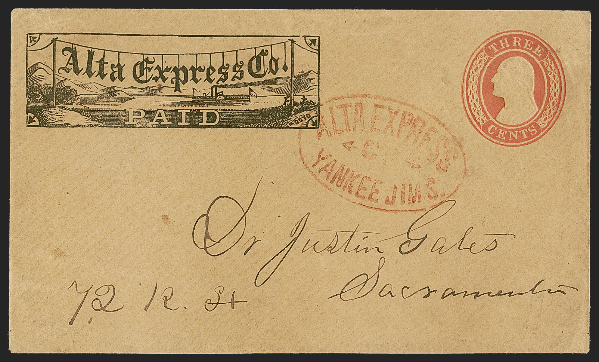 Alta Express Co Yankee Jim’s. Clear strike of red oval handstamp ...