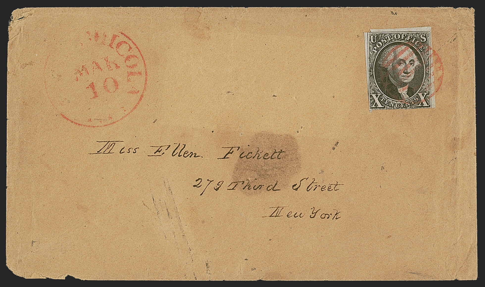 10c Black (2). Large margins to slightly in, tied by red grid cancel, ...