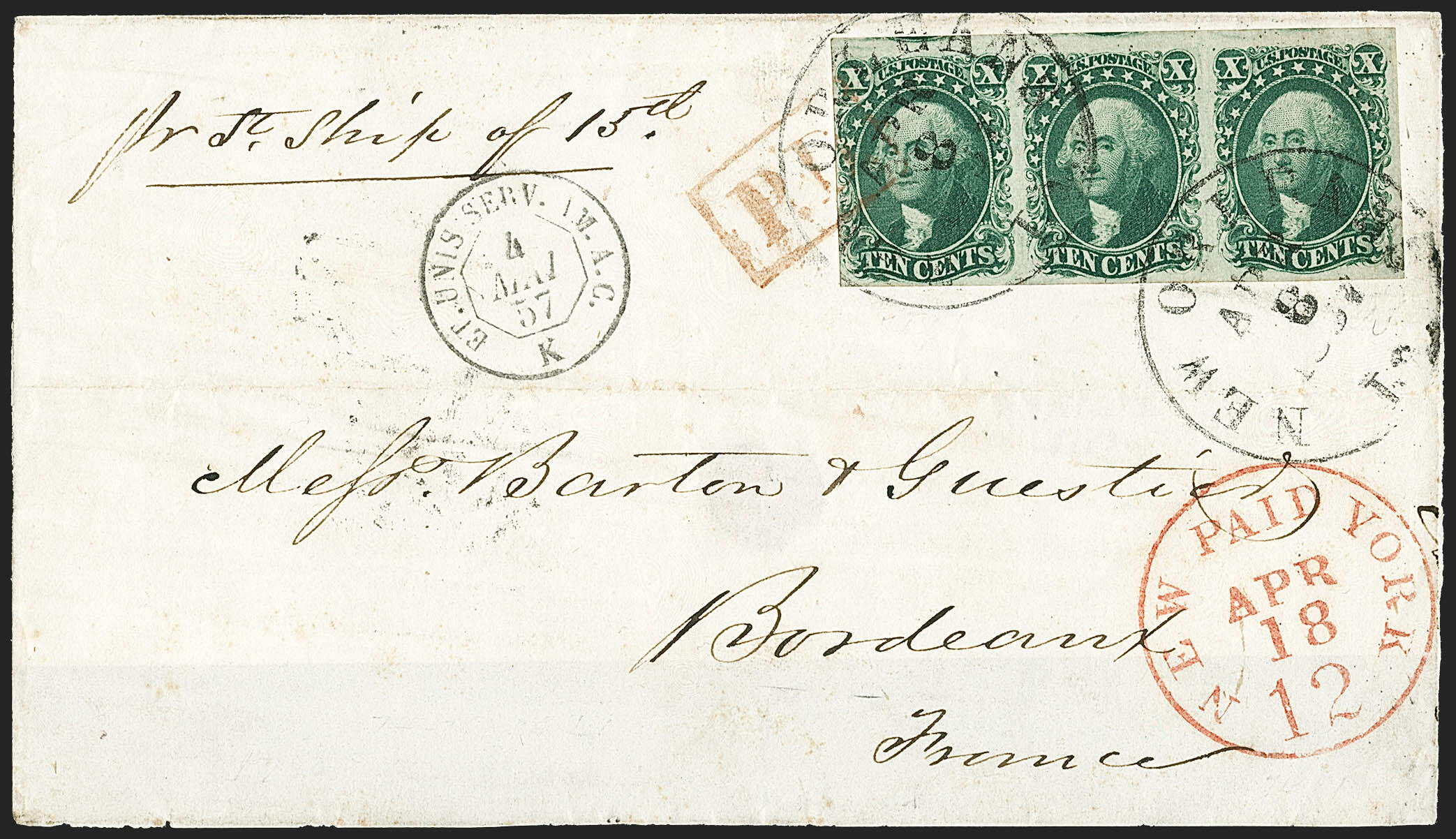 10c Green, Types IV-II-IV (16-14-16). Positions 74-76L1, horizontal ...