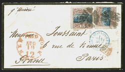 15c Brown & Blue, Ty. I (118). Two, tied by segmented cork cancels, ...