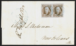 5c Red Brown (1). Horizontal pair, ample to huge margins, ...