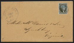 10c Black (2). Full margins to clear at right, tied by blue grid ...