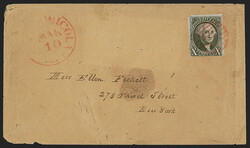 10c Black (2). Large margins to slightly in, tied by red grid cancel, ...