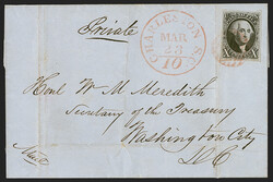 10c Black (2). Full to large margins, tied by red grid cancel, ...