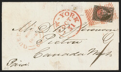 10c Black (2). Margins close to in, tied by two bold strikes of red ...