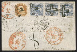 3c Ultramarine (114). Horizontal strip of three, used with 1c Buff ...